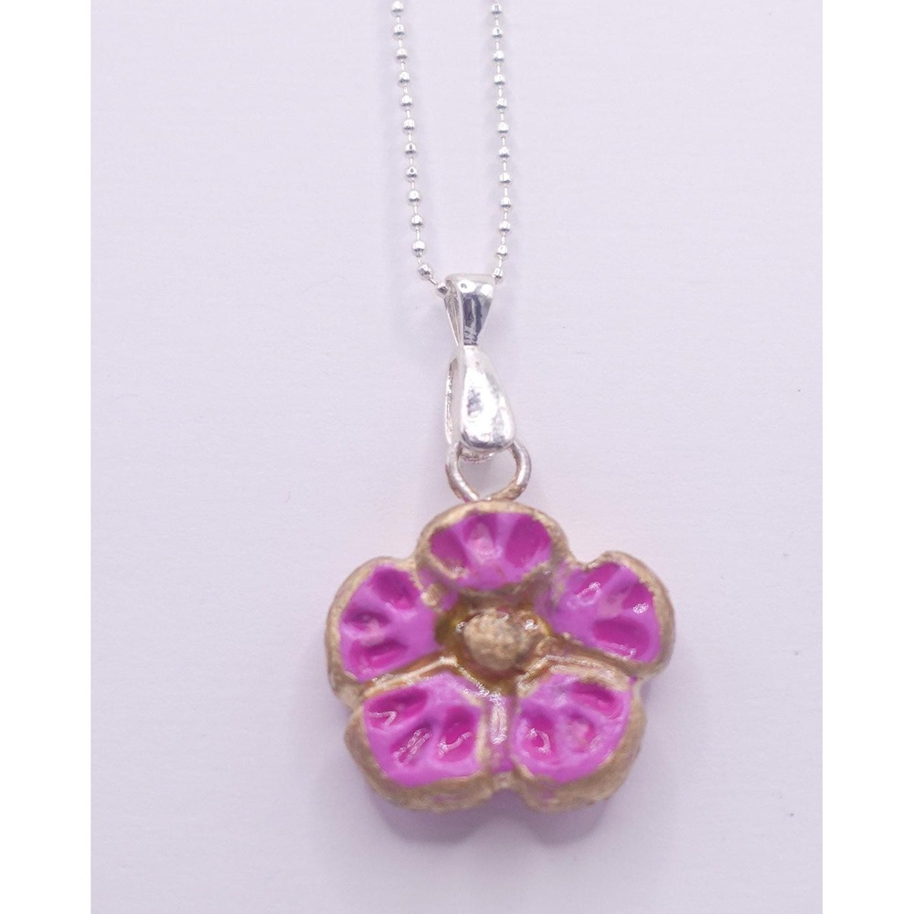 Pink Flower Polymer Clay Pendant Necklace Ball Chain Cottagecore Boho Artisan
